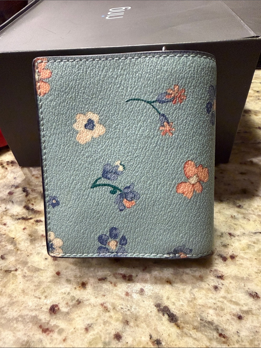 Coach Blue Floral Compact Wallet with Gold Logo - Picture 3 of 9